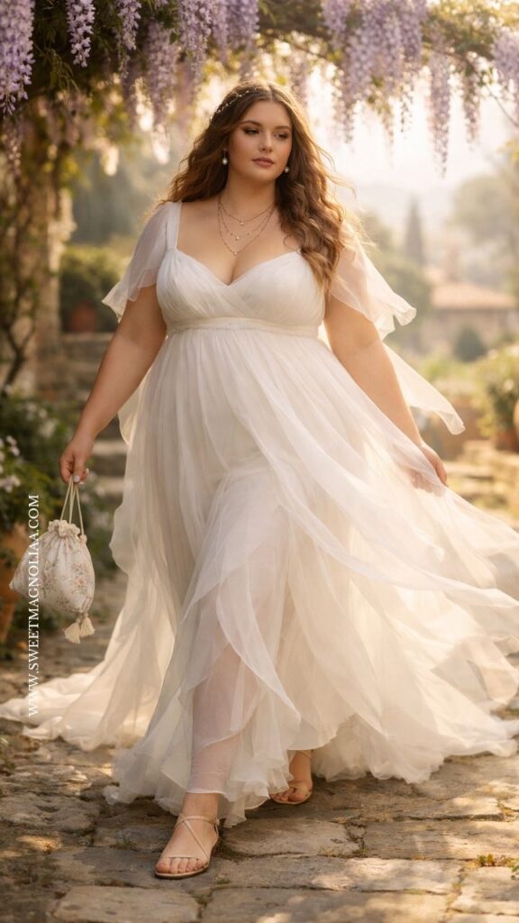 Plus-size bride in a boho chiffon wedding dress with flutter sleeves and flowing skirt, walking through a sunlit garden with soft, romantic details.
