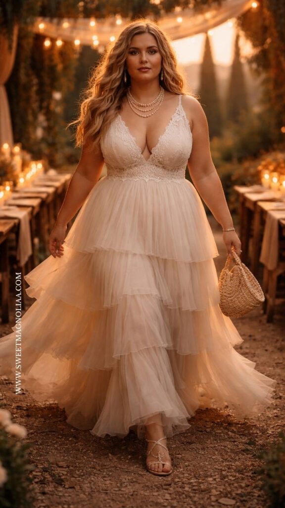 Plus-size bride in a boho wedding dress with lace bodice and tiered tulle skirt, walking through a candlelit outdoor aisle with warm, romantic lighting.