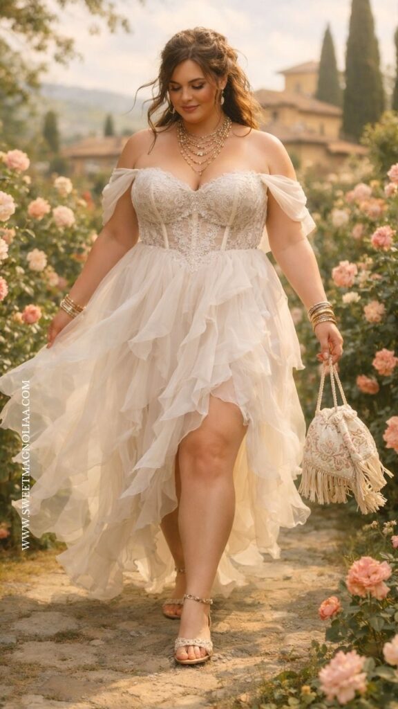 Plus-size bride in a boho tulle wedding dress with lace bodice and layered skirt, walking through a sunlit garden with soft, romantic floral surroundings.
