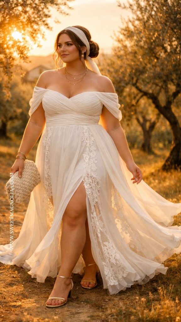 Plus-size bride in a boho off-shoulder wedding dress with lace panels and flowing chiffon skirt, walking outdoors at sunset with warm golden light.