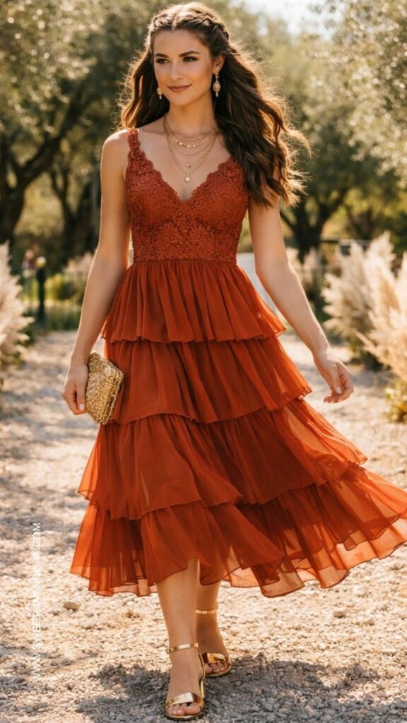 Terracotta tiered lace dress styled with crown boho braids and soft waves—perfect for garden weddings, rustic venues, and romantic outdoor celebrations