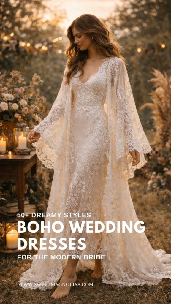 Bride wearing a lace boho wedding dress with flowing cape sleeves walking through a romantic outdoor ceremony setting with candles and rustic décor.