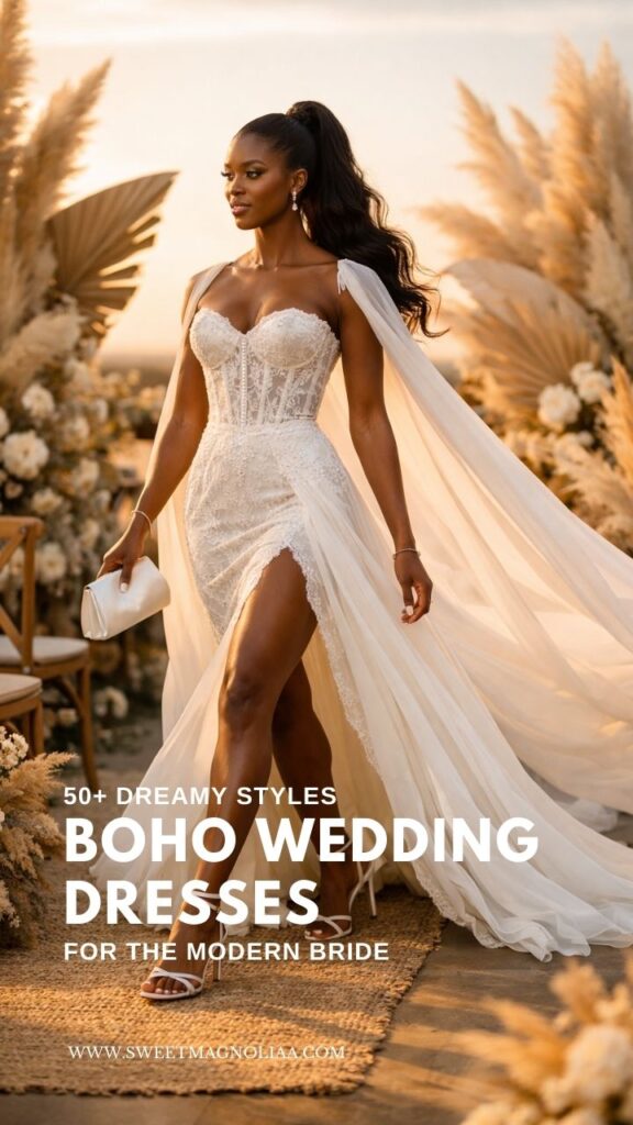 Bride wearing a lace corset boho wedding dress with high slit and flowing chiffon cape sleeves walking down an outdoor sunset wedding aisle.