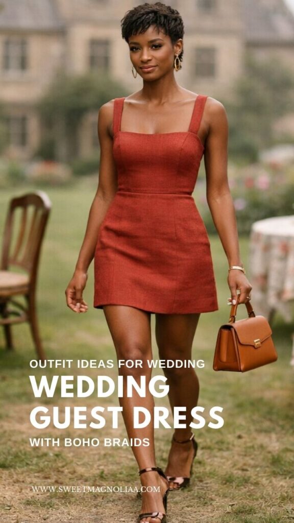 Rust square-neck wedding guest dress styled with a textured braided pixie—perfect for garden weddings, daytime ceremonies, and elegant outdoor celebrations.