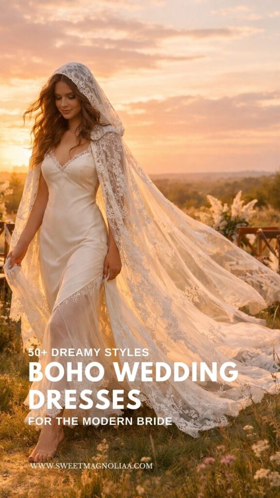 Bride wearing a satin boho slip wedding dress with a flowing lace hooded cape walking through a sunset meadow during an outdoor ceremony.