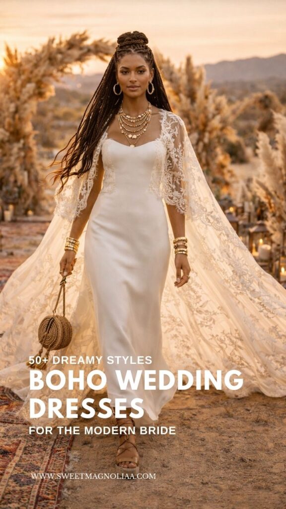 Bride wearing a minimalist boho wedding dress with a flowing lace cape and layered jewelry walking down a rustic outdoor ceremony aisle at sunset.