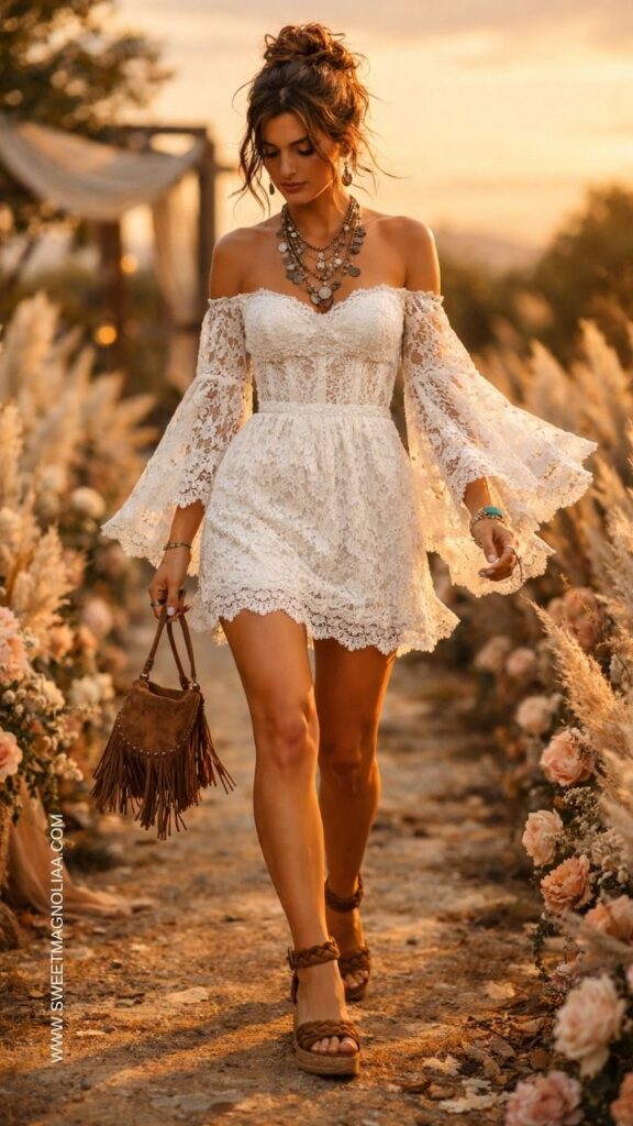 Bride wearing a short boho lace wedding dress with off-shoulder bell sleeves walking through a floral aisle at a romantic outdoor sunset wedding.