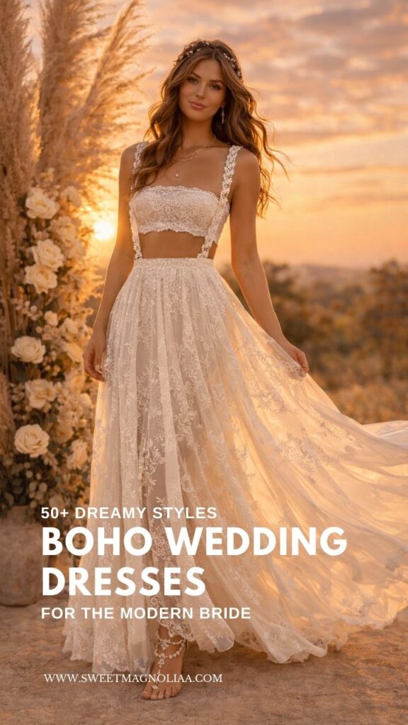 Bride wearing a two-piece boho wedding dress with lace crop top and flowing lace skirt standing outdoors at sunset with pampas grass décor.