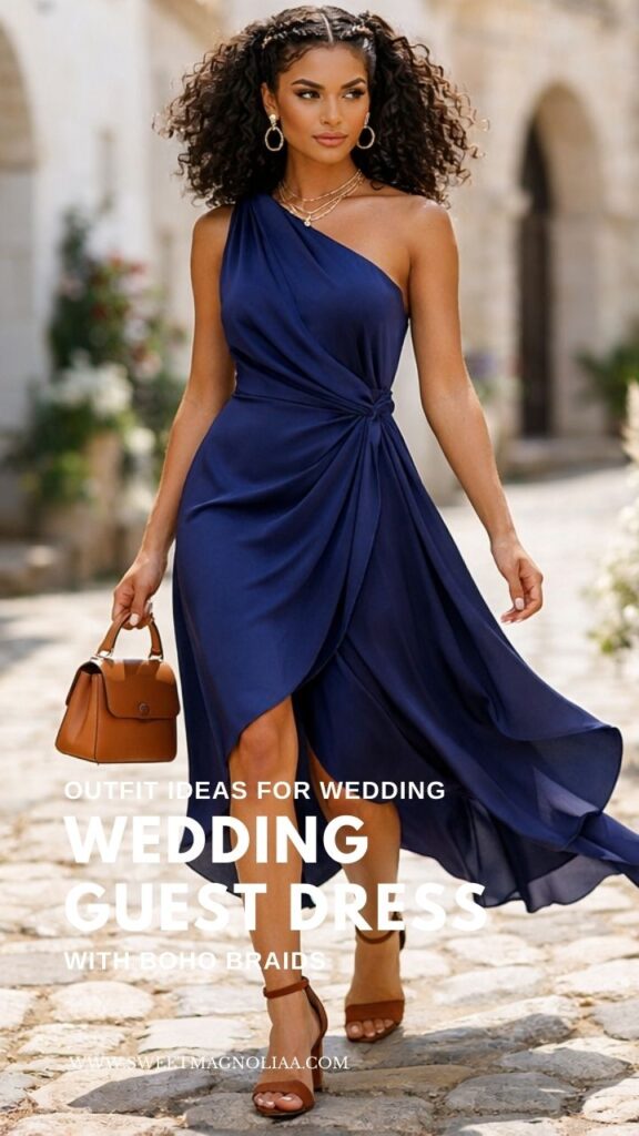Navy one-shoulder wedding guest dress styled with double boho braids and natural curls—perfect for destination weddings, seaside ceremonies, and sunset celebrations.