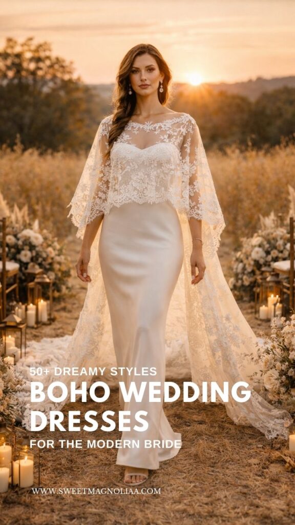 Bride wearing a minimalist boho wedding dress with a flowing lace cape walking down a candlelit outdoor wedding aisle at sunset.