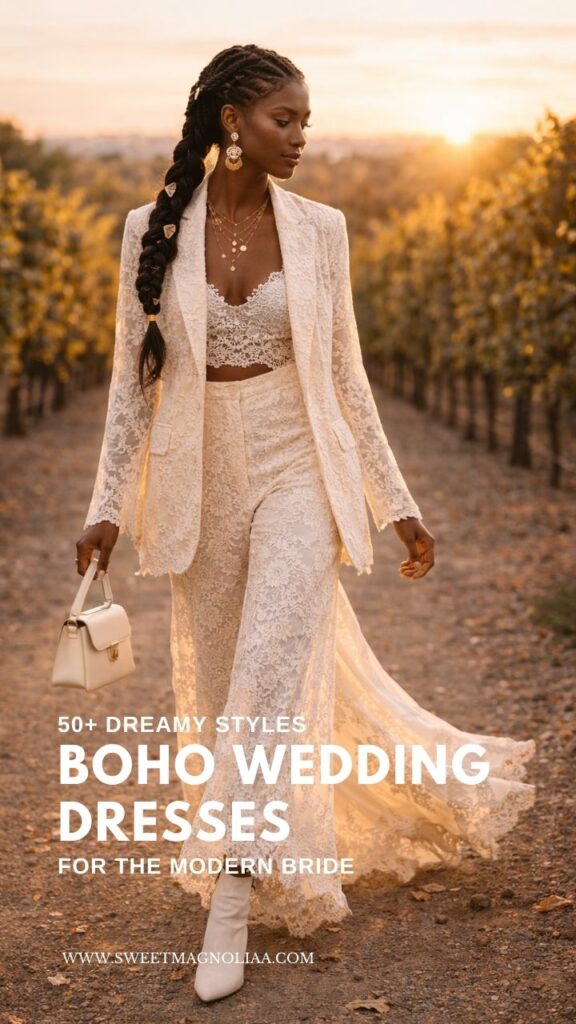 Bride wearing a boho lace bridal suit with lace crop top, blazer, and wide-leg lace pants walking through a vineyard at sunset.