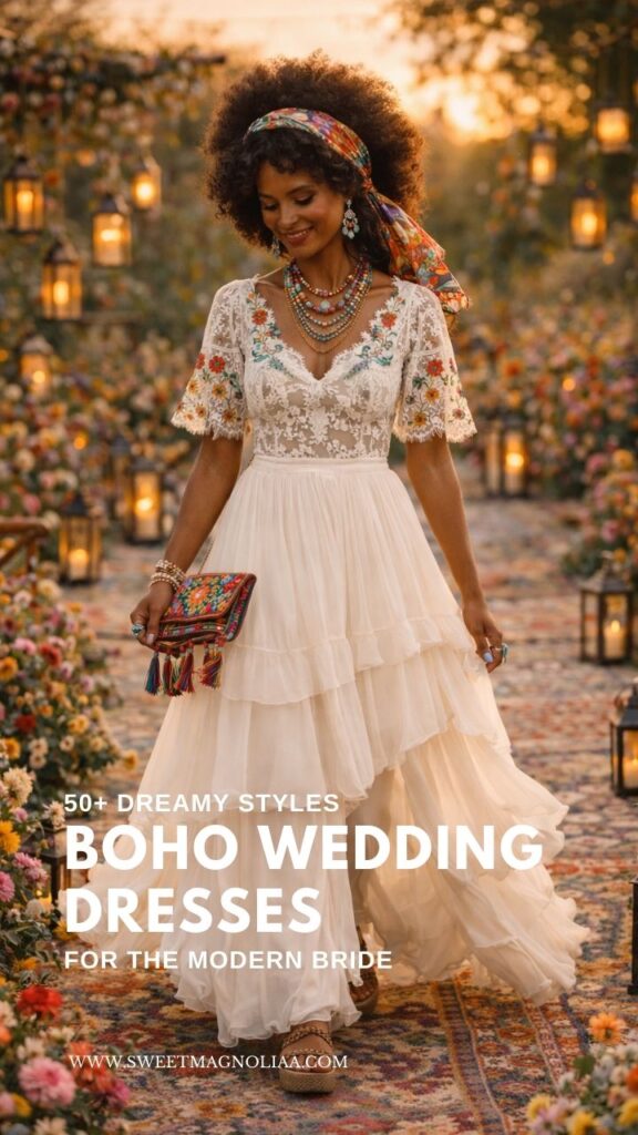 Bride wearing a boho wedding dress with floral embroidery, layered ruffle skirt, colorful scarf, and vintage accessories walking through a lantern-lit outdoor wedding aisle.