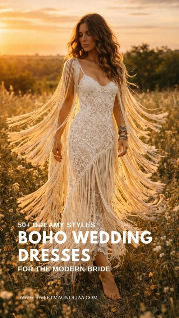 Bride wearing a lace boho wedding dress with long fringe sleeves walking through a golden wildflower meadow at sunset.