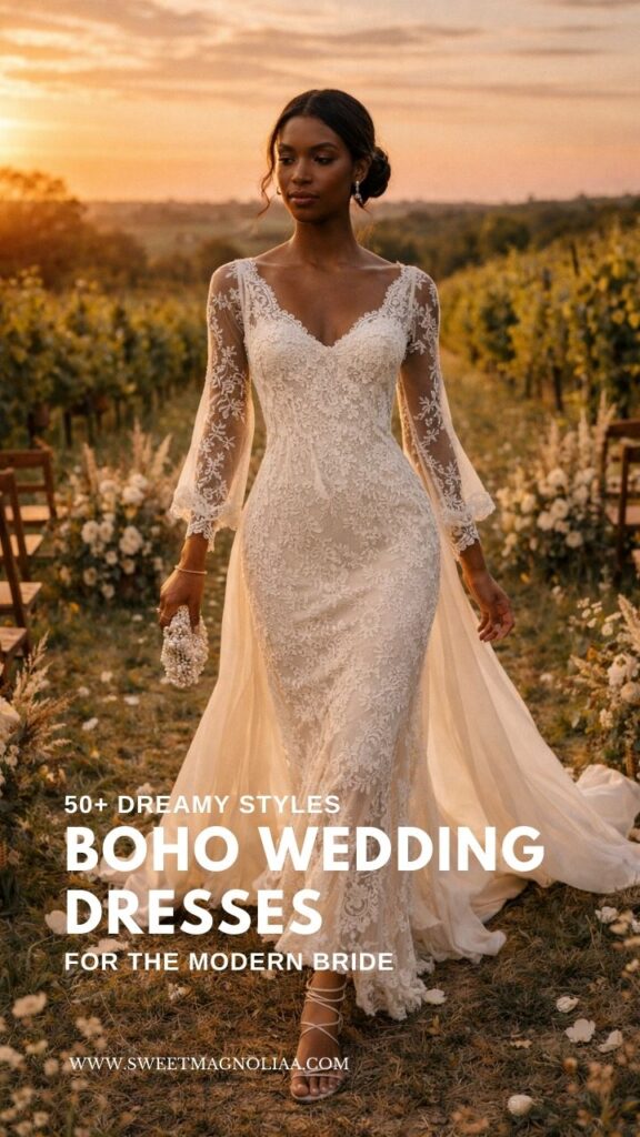 Bride wearing a fitted lace boho wedding dress with sheer sleeves and flowing train walking through a vineyard wedding aisle at sunset.