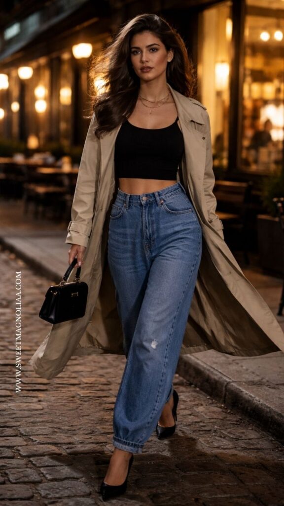 Woman in beige blazer with fitted top and barrel jeans, wearing nude heels and carrying tote, walking on city street, polished chic date night outfit.