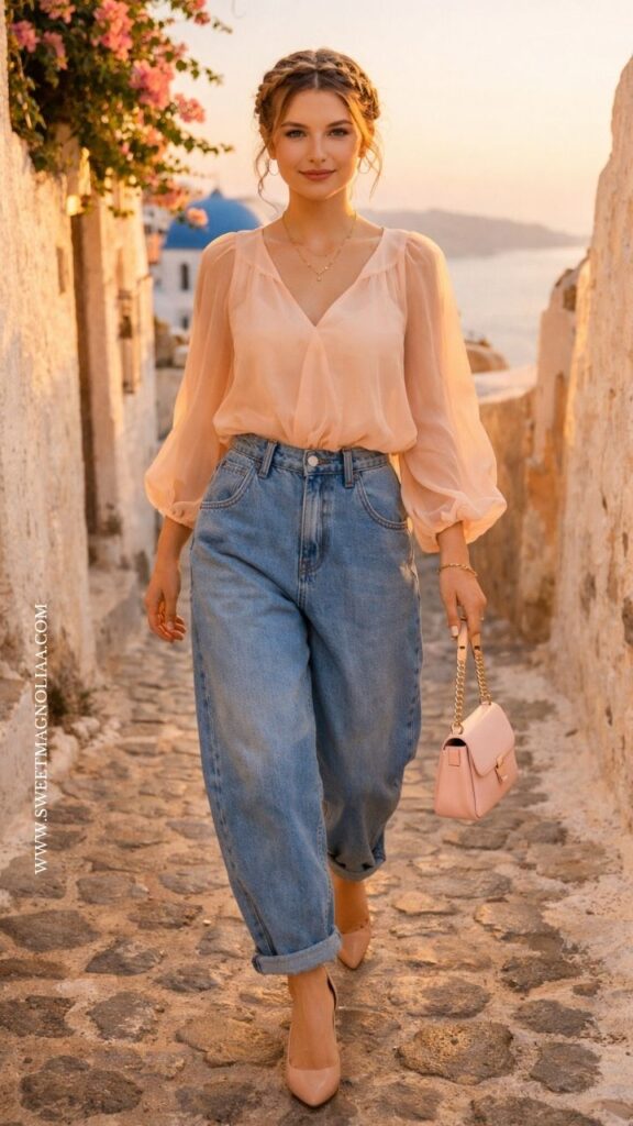 Woman in peach sheer blouse with blue barrel jeans and nude heels, holding blush handbag on sunlit pathway, soft romantic date night outfit look