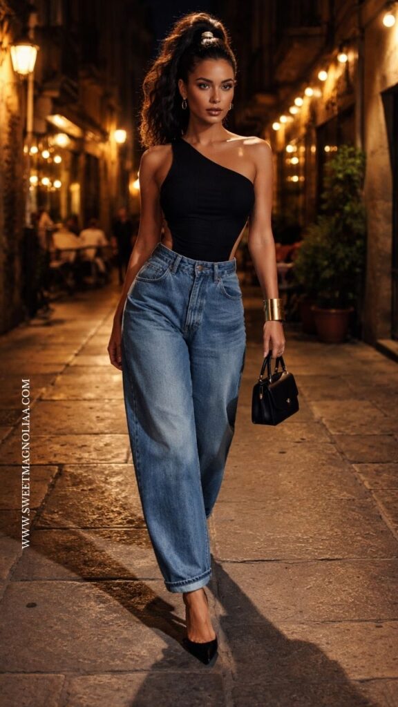 Woman in black one-shoulder top with blue barrel jeans and pointed heels, holding mini bag on softly lit street, sleek and modern date night outfit.