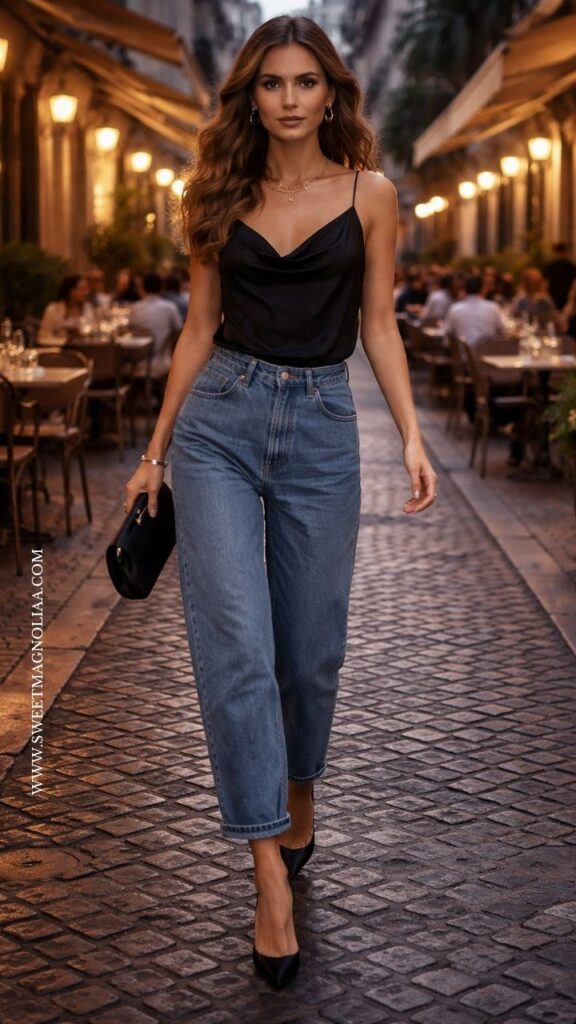 Woman in black satin camisole with blue barrel jeans and pointed heels, holding black clutch on cobblestone street, sleek and minimal date night outfit.
