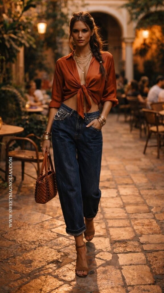 Woman in rust tie-front blouse with dark barrel jeans and strappy heels, carrying woven bag on warm lit street, chic and relaxed date night outfit.