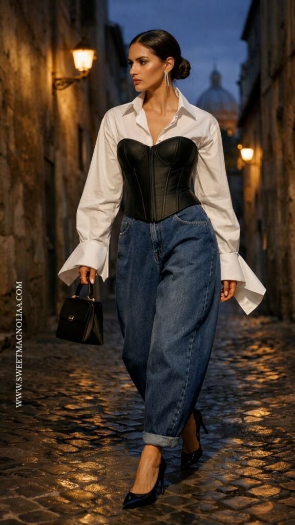 Woman in white shirt layered with black corset and blue barrel jeans, wearing black heels and holding mini bag on cobblestone street, chic date night outfit.
