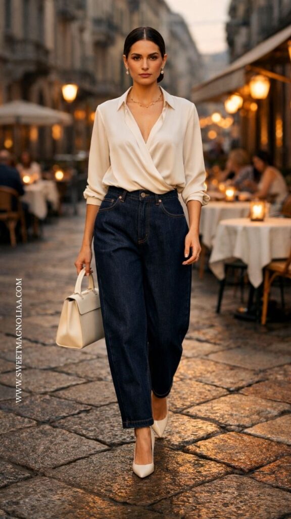 Woman in cream satin blouse with dark barrel jeans and white heels, carrying structured bag on cobblestone street, elegant and timeless date night outfit.