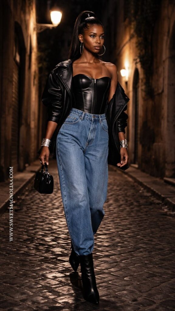 Woman in black leather corset with barrel jeans, leather jacket, and ankle boots, walking on a dimly lit street, edgy and bold date night outfit.