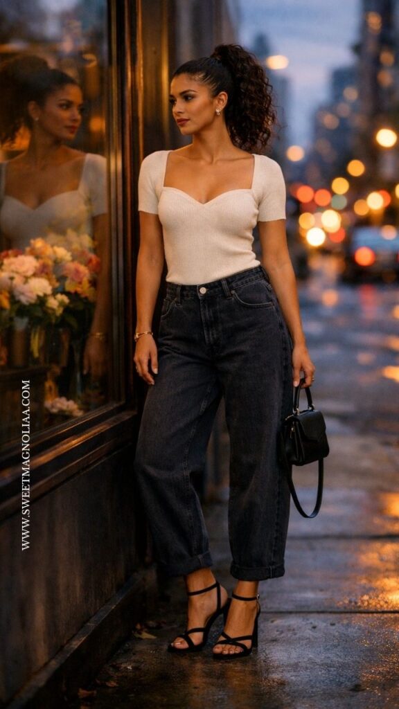 Woman in fitted knit top with dark barrel jeans and strappy heels, holding black mini bag on city street at night, minimal chic date outfit.
