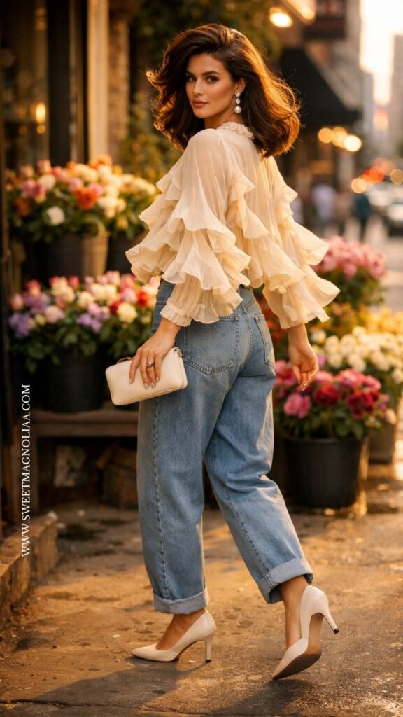 Woman in sheer ruffled blouse with light wash barrel jeans and nude heels, holding clutch near flower shop, romantic and elegant date night outfit.