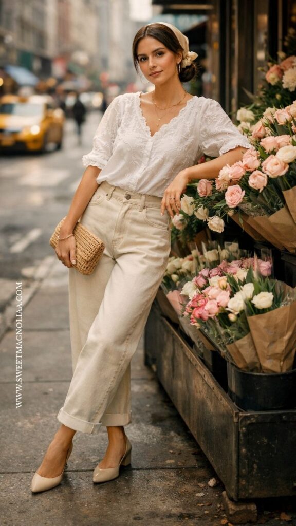 Woman in white embroidered blouse with cream barrel jeans and nude heels, standing by a flower shop, soft romantic and elegant daytime date outfit.