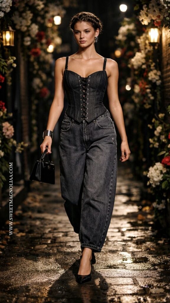 Woman in black corset top with dark barrel jeans and pointed heels, walking on a softly lit floral pathway, bold and elegant date night outfit look.