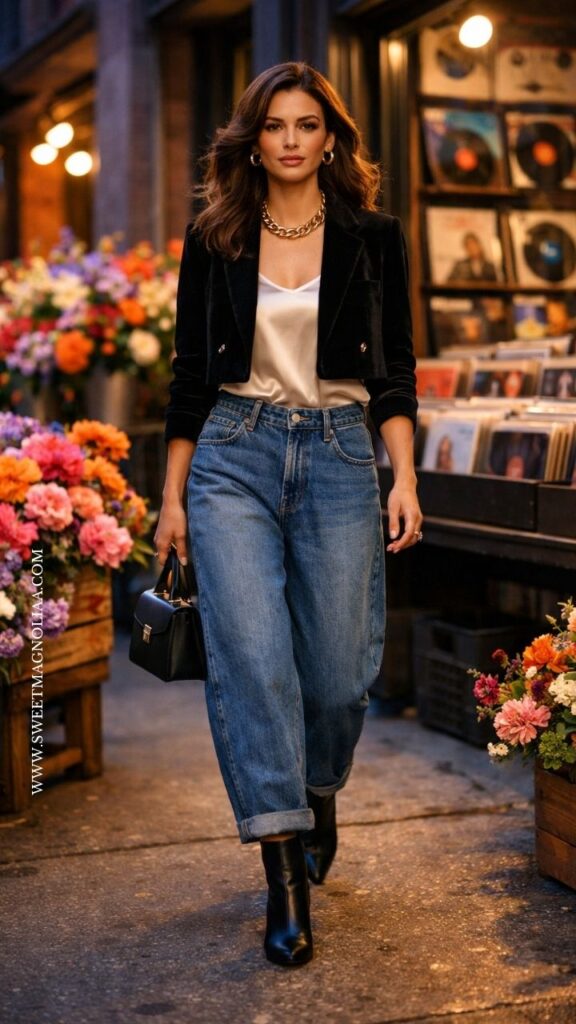 Woman in barrel jeans, satin camisole, and black cropped blazer with ankle boots, walking through a softly lit street with flowers, chic date night look.