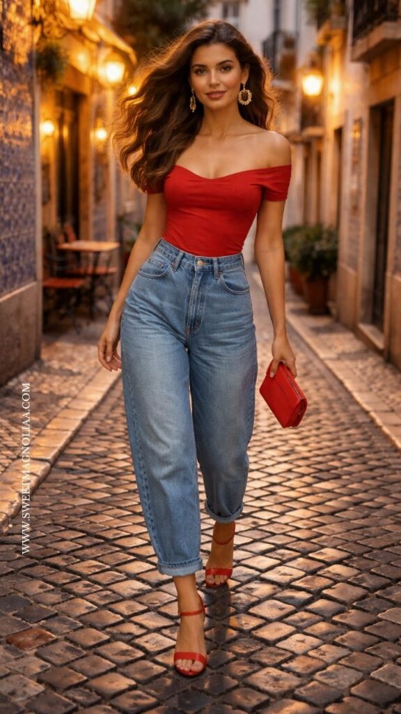 Woman in red off-shoulder top with light wash barrel jeans and red heels, holding clutch on cobblestone street, bold and romantic date night outfit.