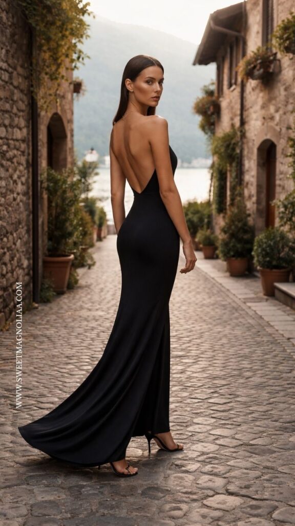 Bride in a backless black mermaid wedding dress with a sleek fitted silhouette and subtle train, walking through a romantic cobblestone street setting.