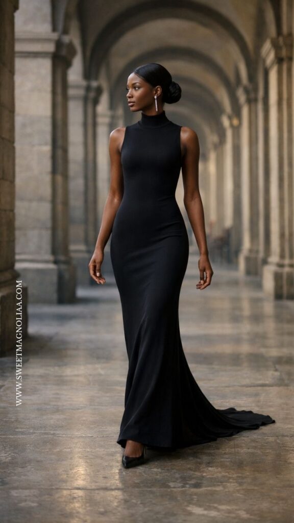 Bride in a high-neck sleeveless black wedding gown with a sleek fitted silhouette and subtle train, walking through an elegant arched corridor in a modern bridal look.