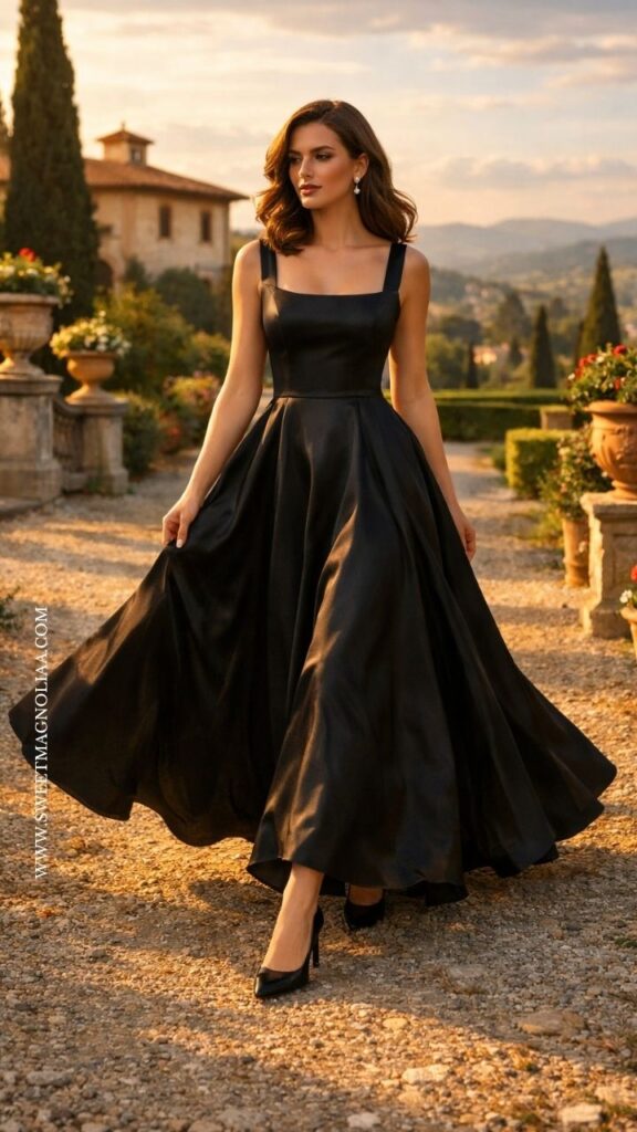 Bride in a square neck black ball gown with a fitted bodice and voluminous skirt, walking through a scenic garden setting with an elegant modern bridal look.