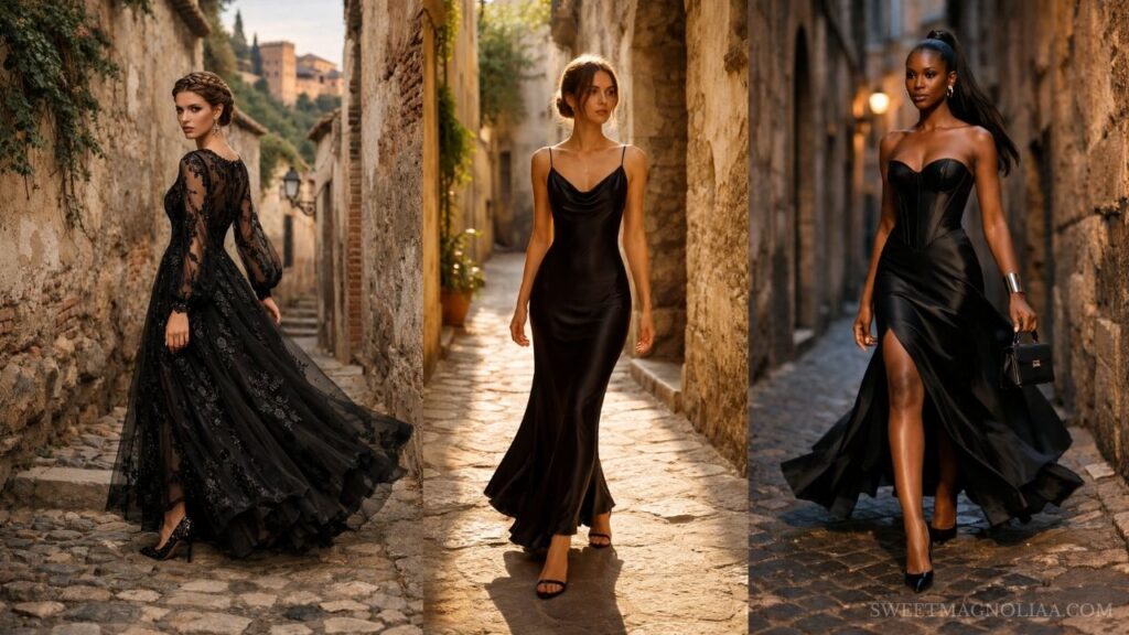 Bride in three black wedding dresses—lace, satin slip, and corset gown—walking through a sunlit European street, showcasing elegant, modern, and bold bridal styles.