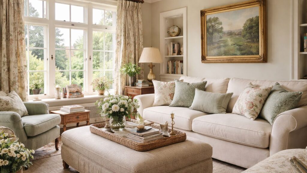 Cozy cottage living room with cream sofa, floral pillows, wooden coffee table, soft rug, and large sunlit windows.