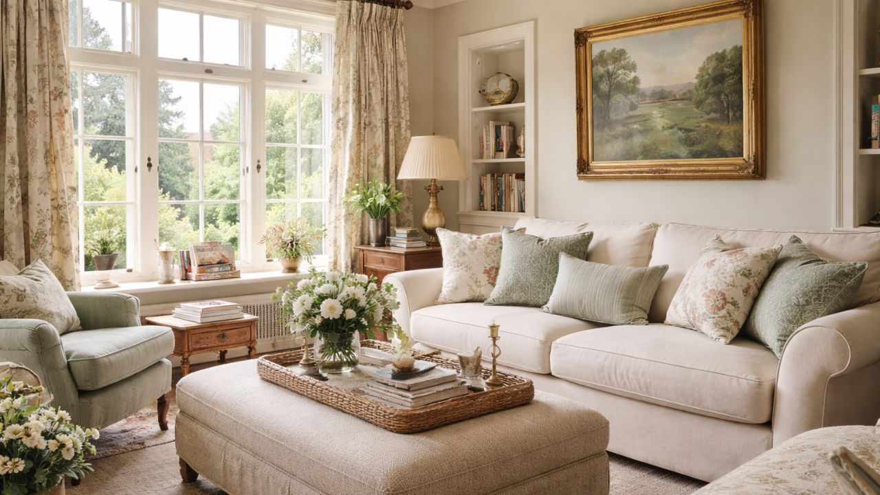 Cozy cottage living room with cream sofa, floral pillows, wooden coffee table, soft rug, and large sunlit windows.