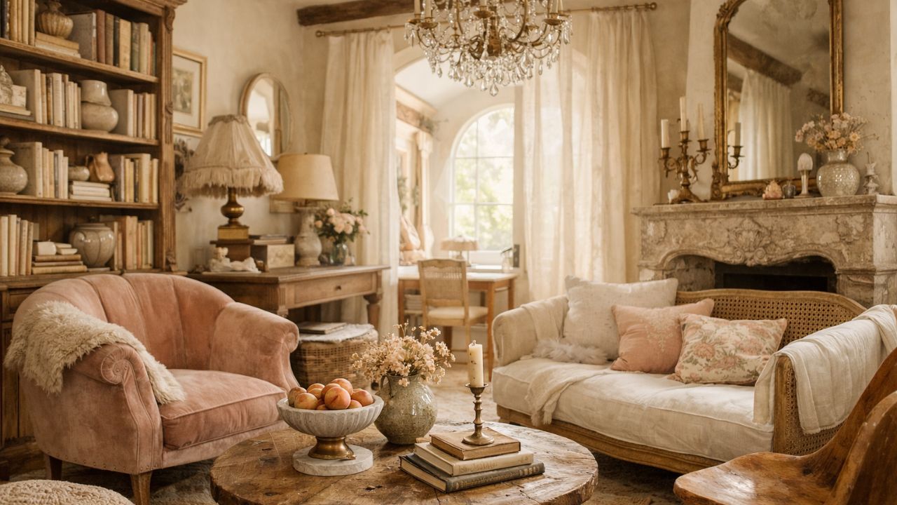 Romantic French cottage living room with soft neutral tones, vintage furniture, linen curtains, chandelier, and cozy decor creating a warm elegant interior space