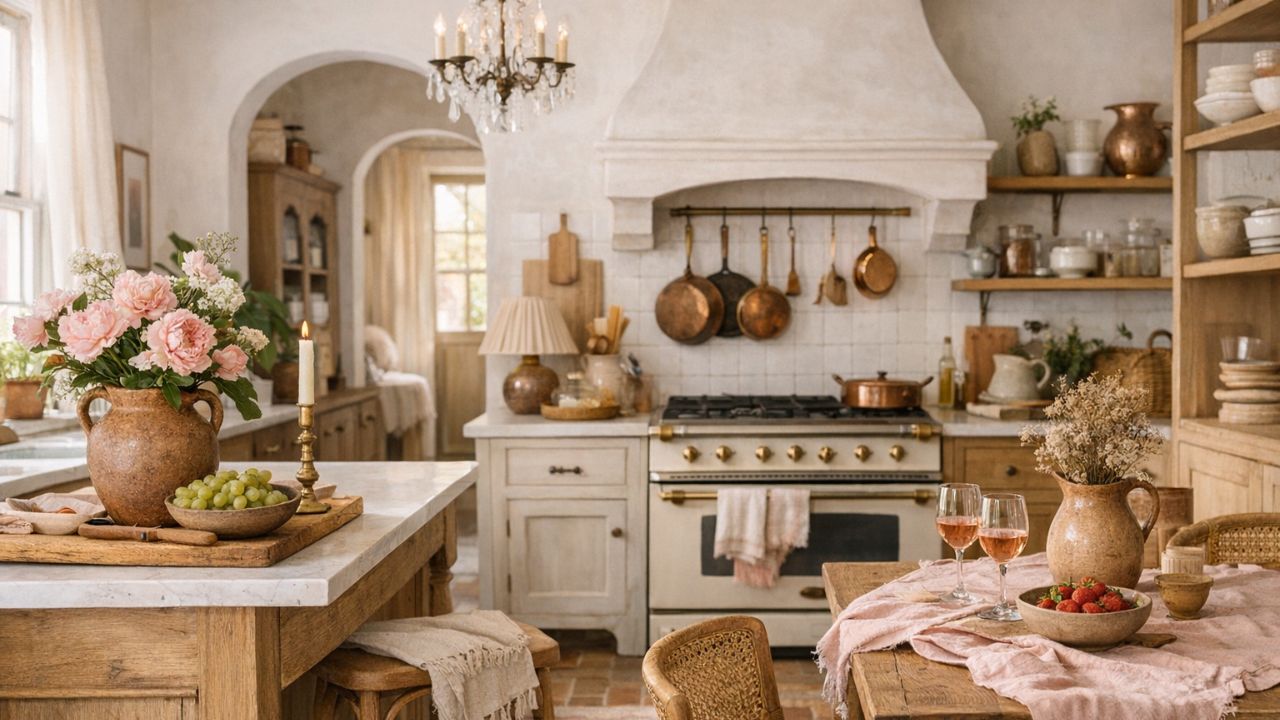 Romantic French cottage kitchen with rustic wood island, copper pots, floral arrangements, open shelves, and soft neutral tones creating a cozy elegant interior