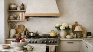 Warm neutral kitchen with beige cabinetry, wooden accents, open shelving, and soft decor styling, showcasing cozy and timeless kitchen trends 2026 aesthetic.