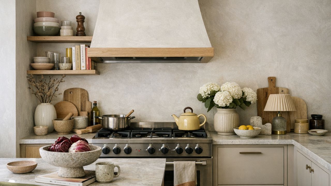 Warm neutral kitchen with beige cabinetry, wooden accents, open shelving, and soft decor styling, showcasing cozy and timeless kitchen trends 2026 aesthetic.