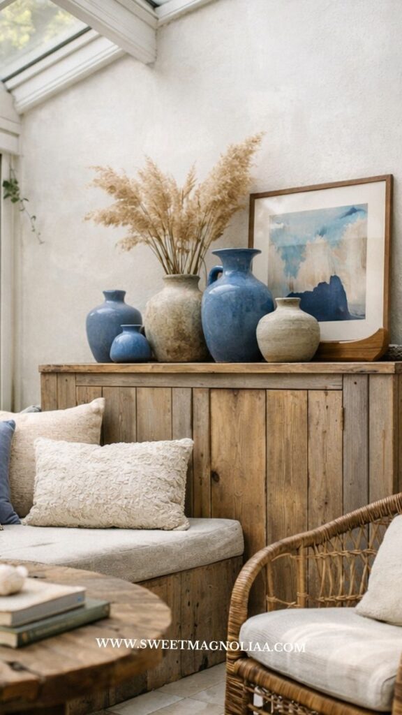 Boho style living room decor with wooden cabinet, ceramic vases, pampas grass, textured cushions, and rattan chair in a soft neutral cozy interior setting.