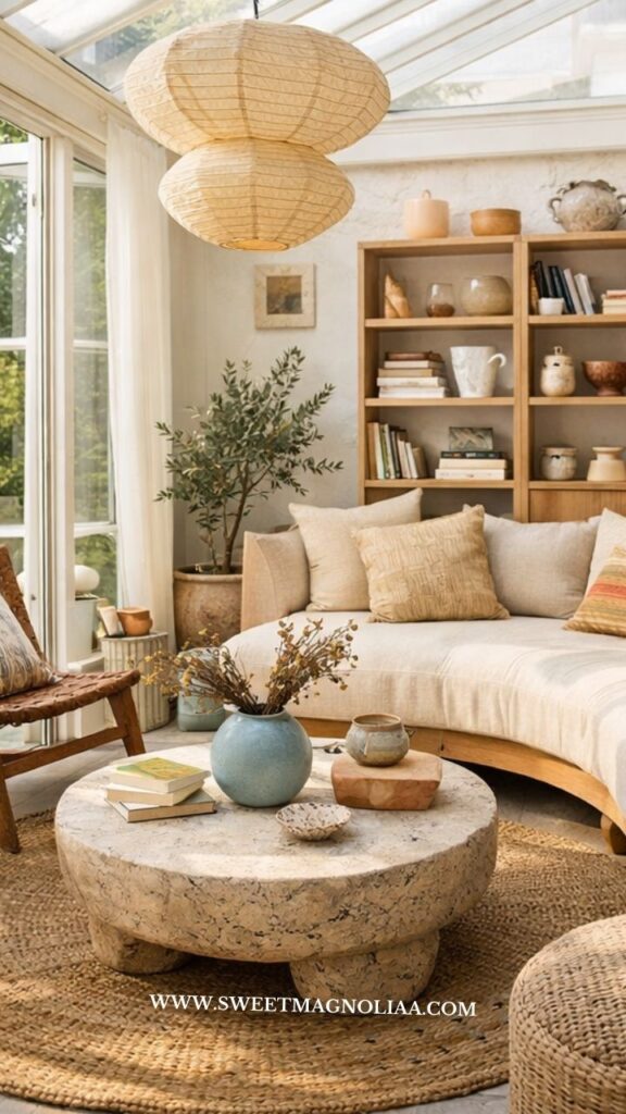 Cozy boho style living room with curved sofa, stone coffee table, woven rug, wooden shelves, plants, and soft natural light creating a calm relaxing space.