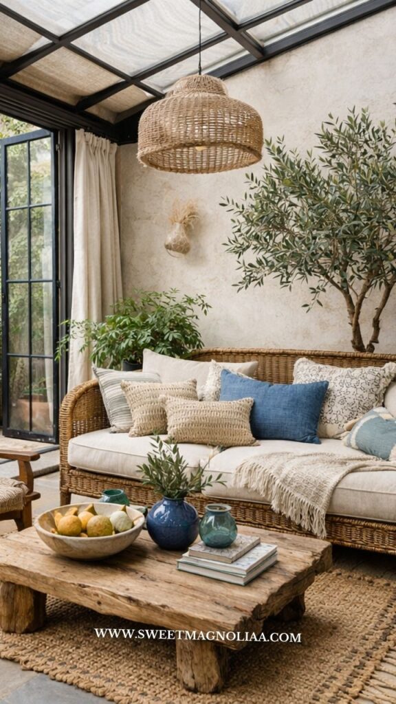 Cozy boho style living room with rattan sofa, textured cushions, wooden coffee table, plants, woven rug, and soft natural light creating a calm relaxing space.
