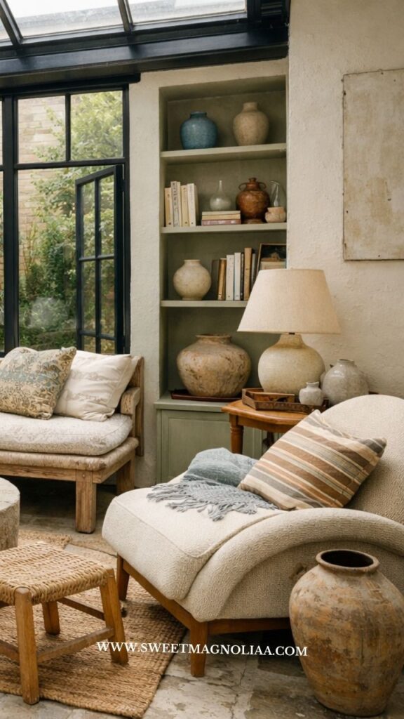 Cozy boho style living room corner with textured armchair, wooden stool, ceramic vases, built in shelves, soft neutral tones, and natural light by window.
