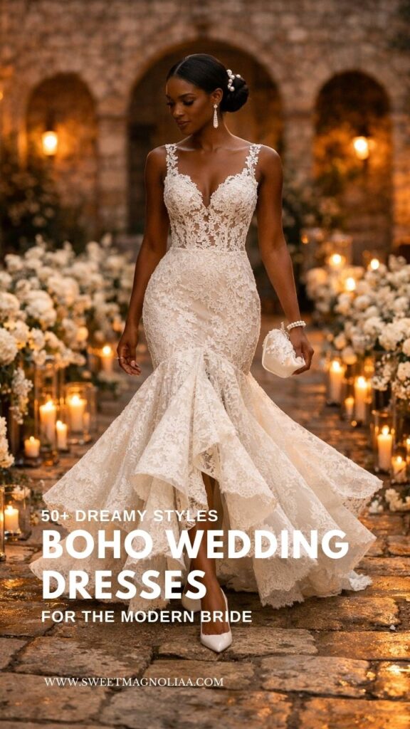 Boho wedding dress with floral lace mermaid silhouette and layered skirt, worn by a bride walking through a candlelit outdoor ceremony setting with romantic lighting.