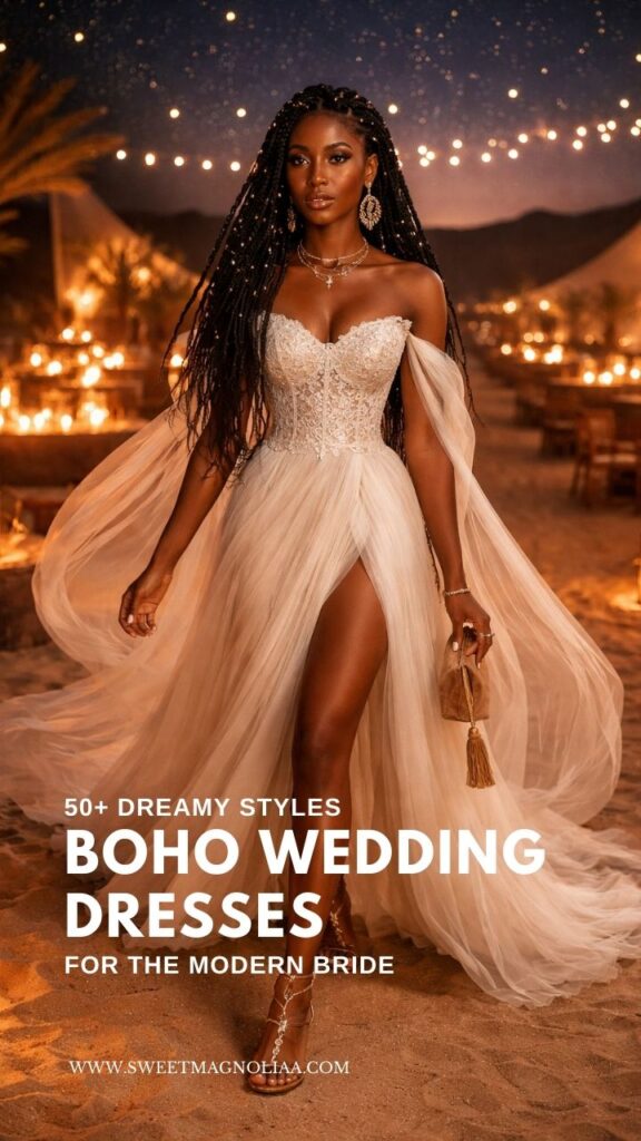 Bride wearing a glamorous boho wedding dress with lace corset bodice, flowing tulle skirt, draped sleeves, and thigh-high slit at a candlelit desert wedding at night.