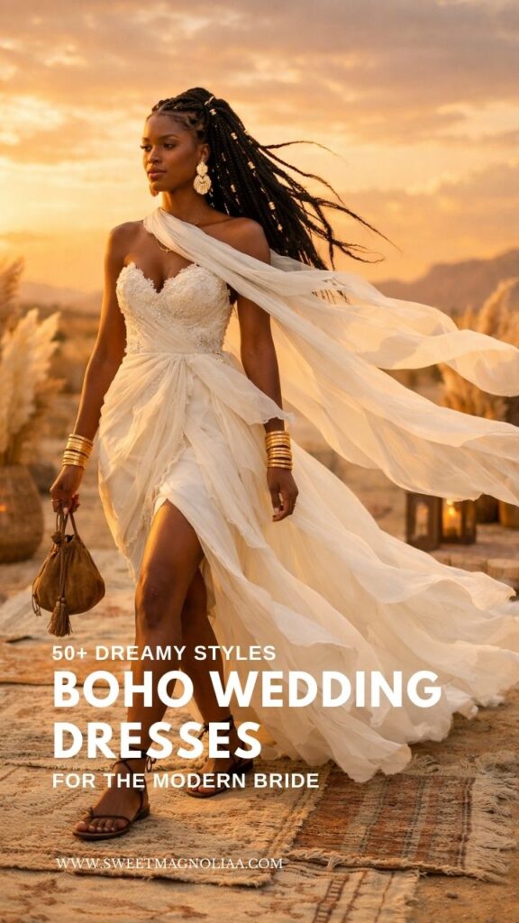 Bride wearing a flowing one-shoulder boho wedding dress with lace bodice, draped chiffon layers, and slit walking through a sunset outdoor ceremony setting.