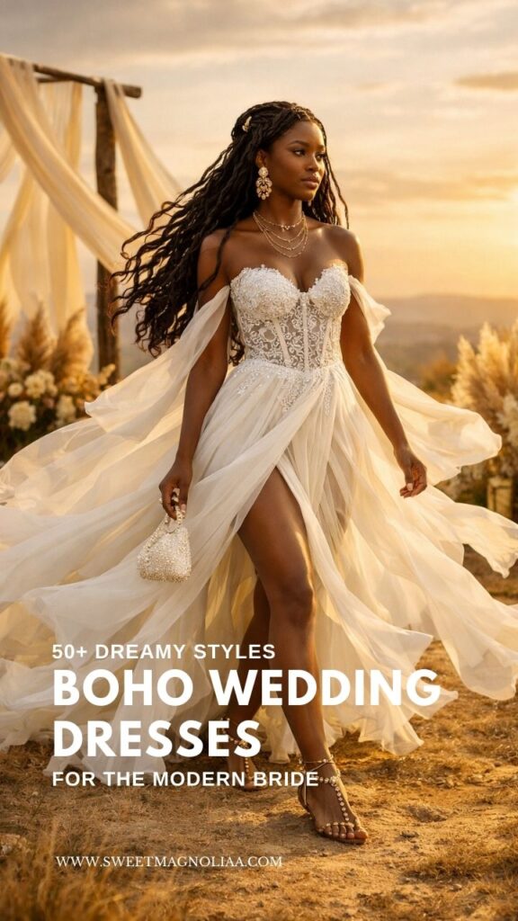 Bride wearing an ethereal boho wedding dress with lace corset bodice, flowing tulle skirt, and high slit walking at sunset in an outdoor ceremony setting.